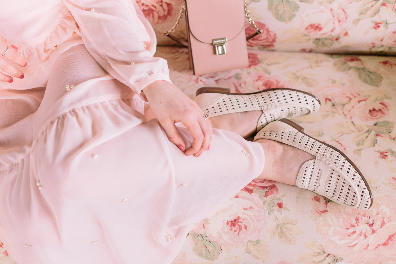 Pearl Embellished Blush Midi Dress | Ivory Loafers, Pink Mini Handbag | Louella Reese Life & Style Blog