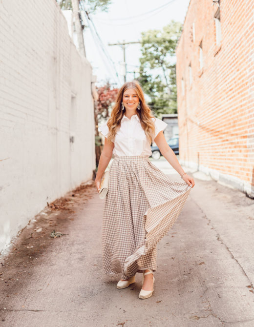 Feminine White Button Down Blouse - A Summer Gingham Maxi Skirt styled by Laura Leigh of Louella Reese #maxiskirt #gingham #southernstyle