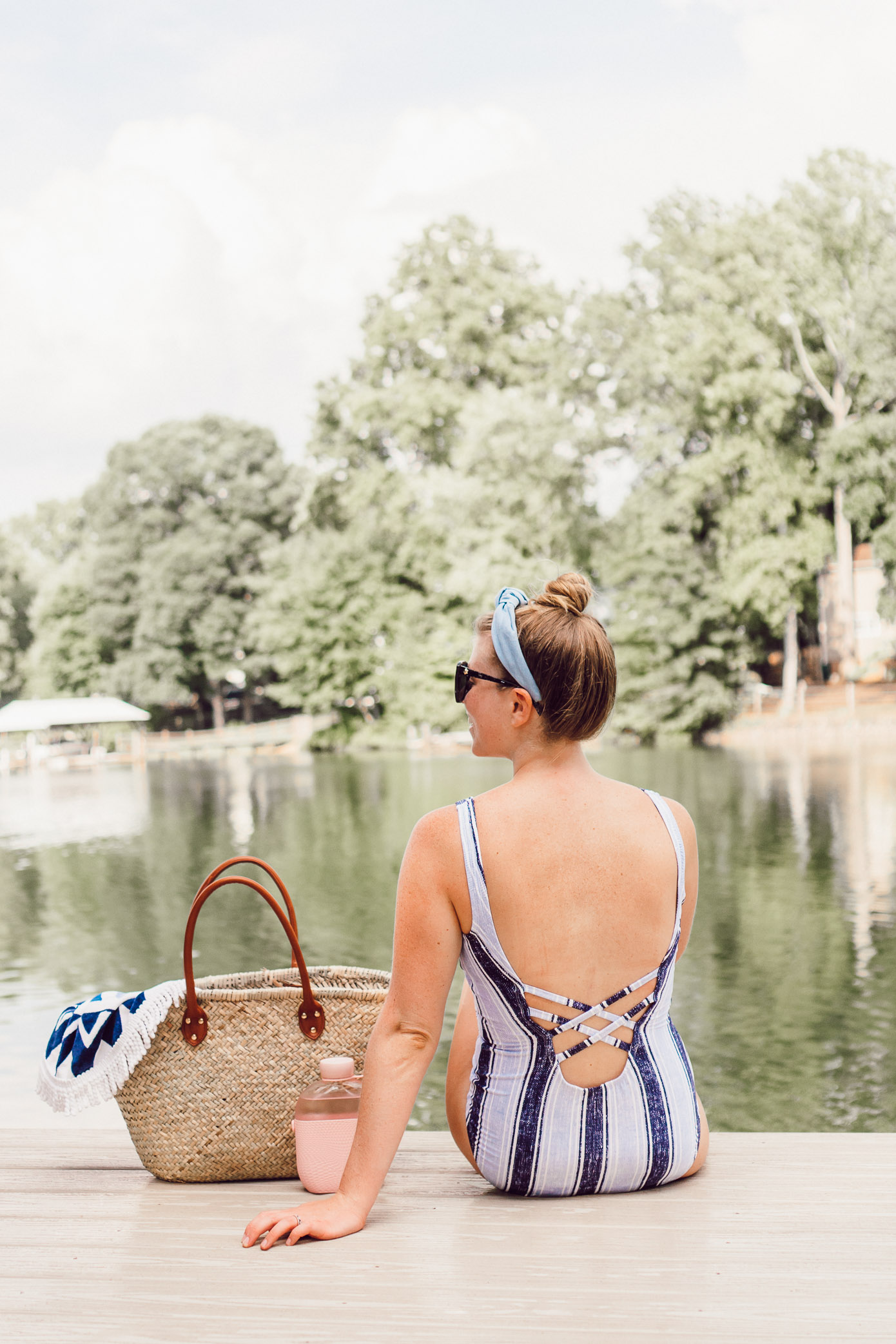 July 2018 Recap featured on Louella Reese | Blue Striped One Piece, Straw Tote for Summer Days
