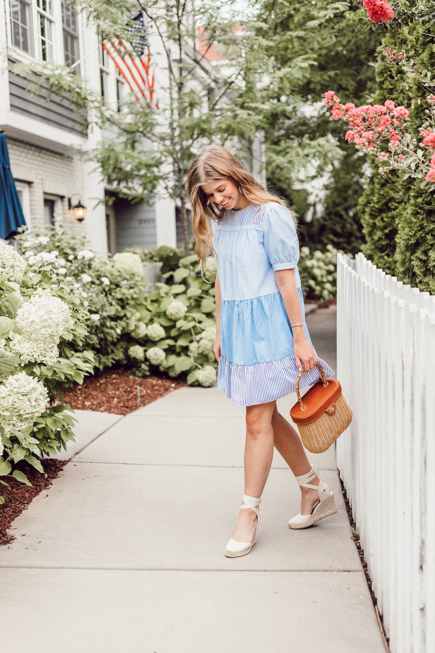 Laura Leigh Elliott styles a classic blue and white babydoll dress from English Factory in Charlotte, NC // Louella Reese