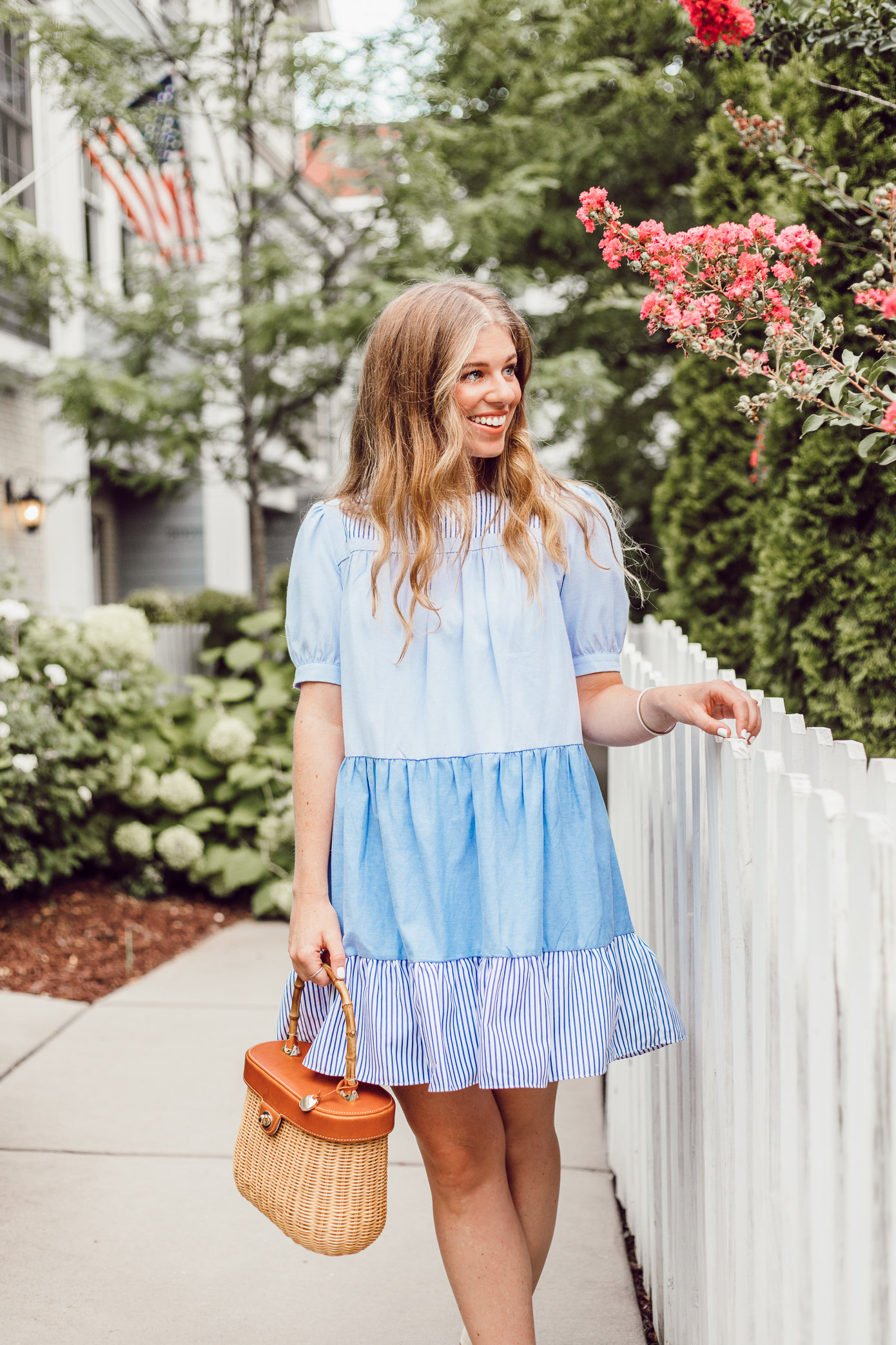 English Factory Summer Dress in Charlotte, NC // Blue and White Dress for Summer, Structured Basket Bag | Louella Reese