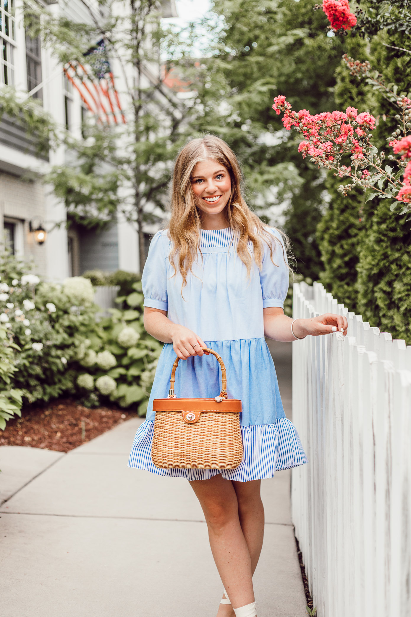 English Factory Summer Dress in Charlotte, NC // Blue and White Dress for Summer, Structured Basket Bag | Louella Reese