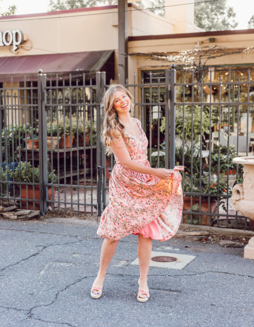 Pink Floral Sundress, Summer Wedding Guest Dress styled on Louella Reese Life & Style Blog | Gal Meets Glam Collection Dress
