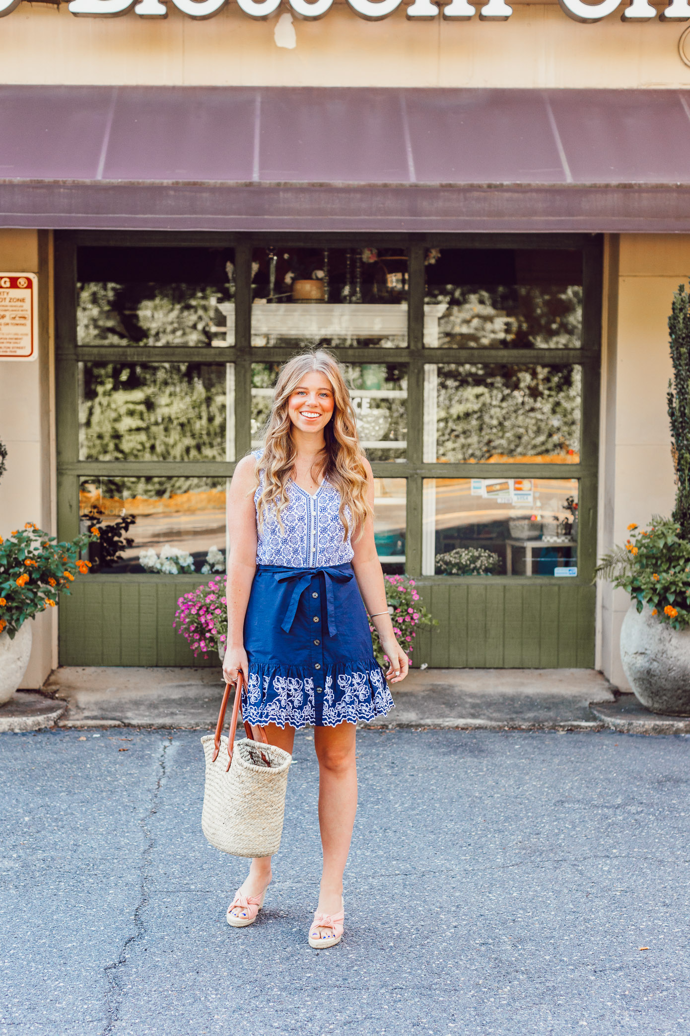 Summer Blues: Favorite Blue and White Pieces for Summer | Navy Embroidered Skirt and Geometric Tank styled on Louella Reese Blog