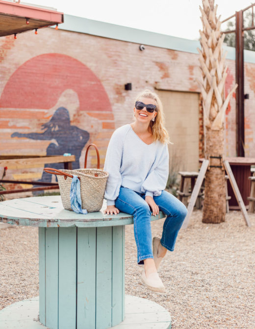 Summer Everyday Casual | Free People Found My Friend Sweater, FRAME Le Slender Straight Leg Jeans styled on Louella Reese