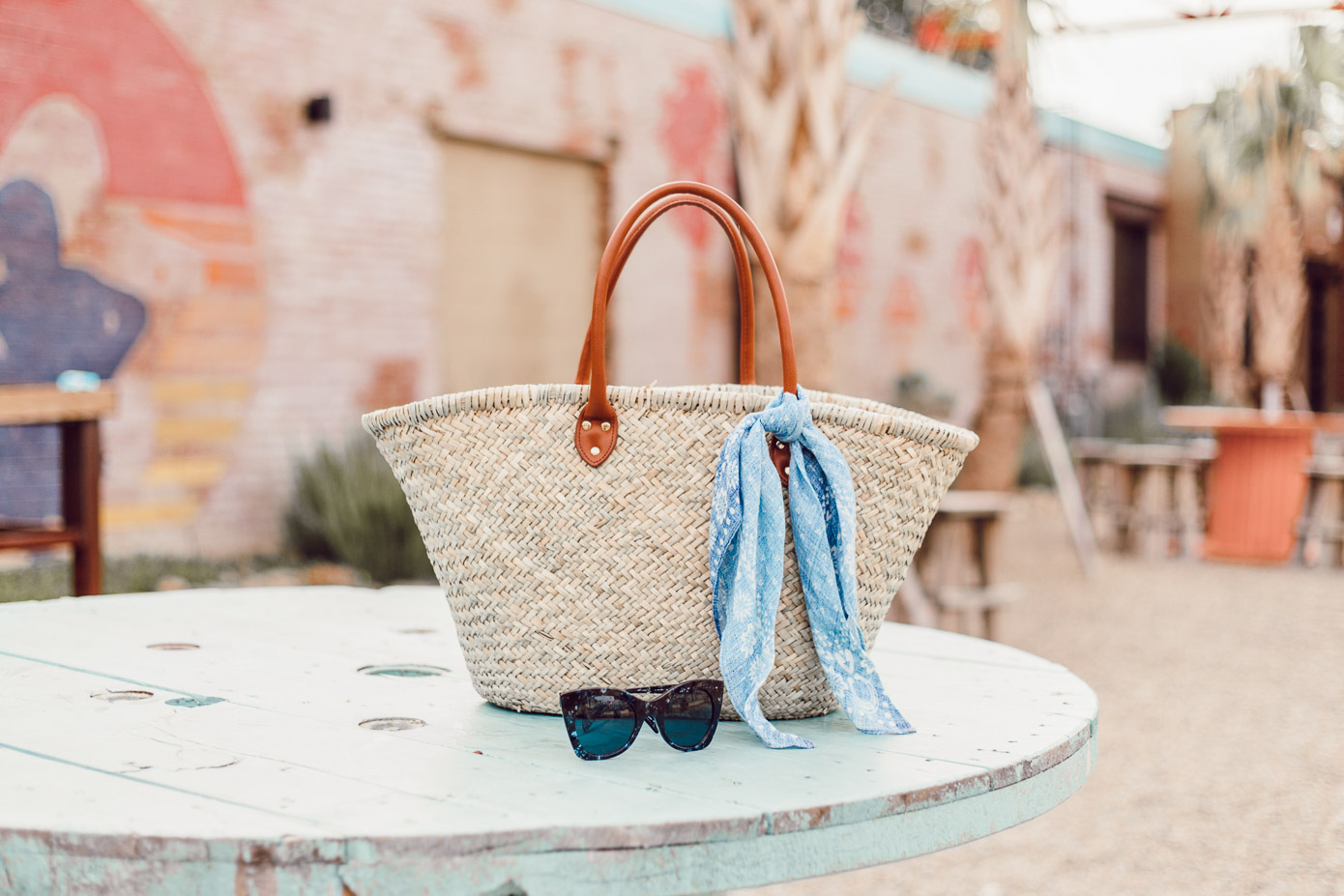 Summer Everyday Casual | Natural Straw Tote and Blue Bandana styled on Louella Reese