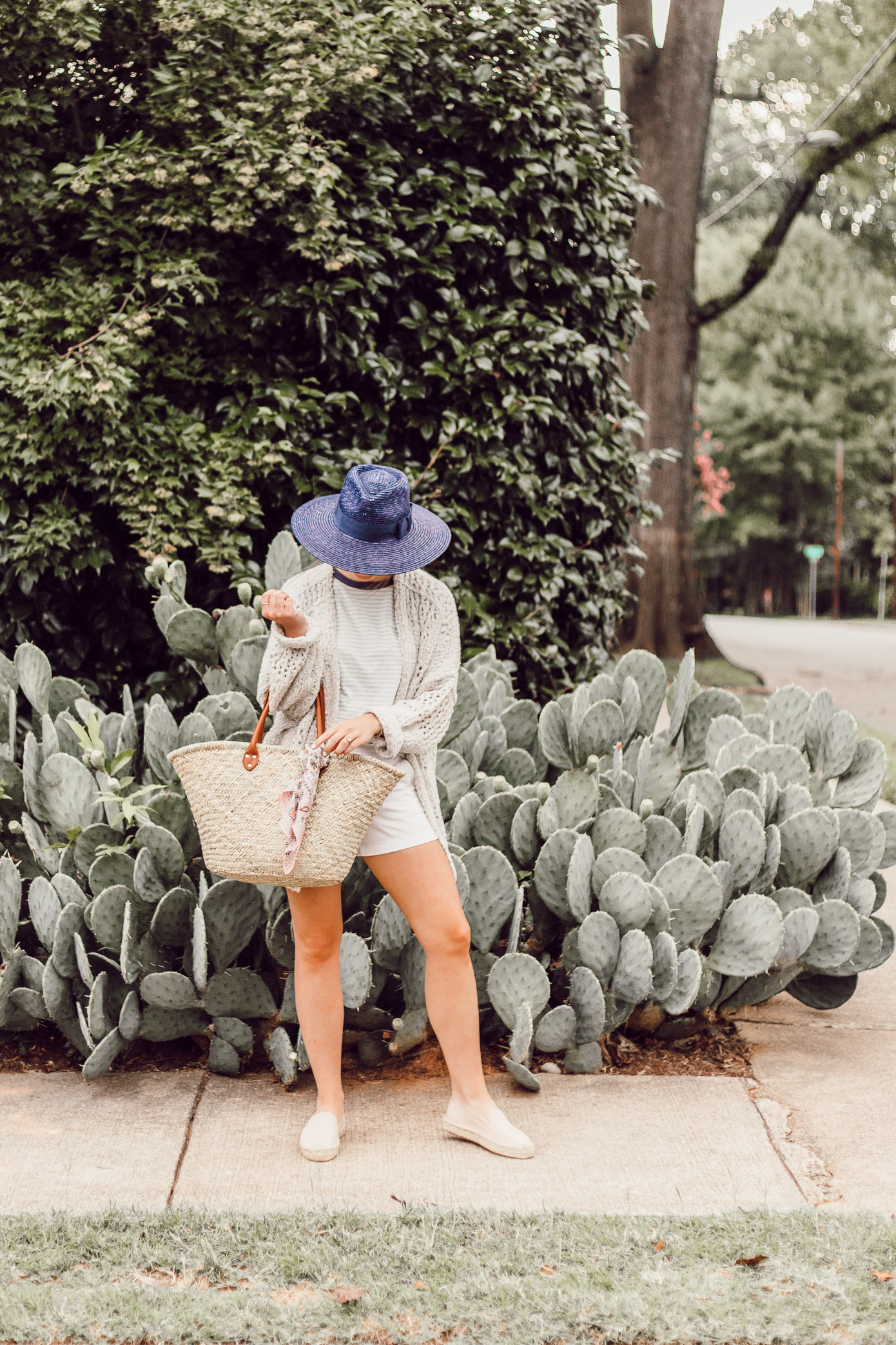Navy Straw Hat, Free People Saturday Morning Cardigan, Green and White Striped Tee | Casual Late Summer Outfit Idea featured on Louella Reese Blog