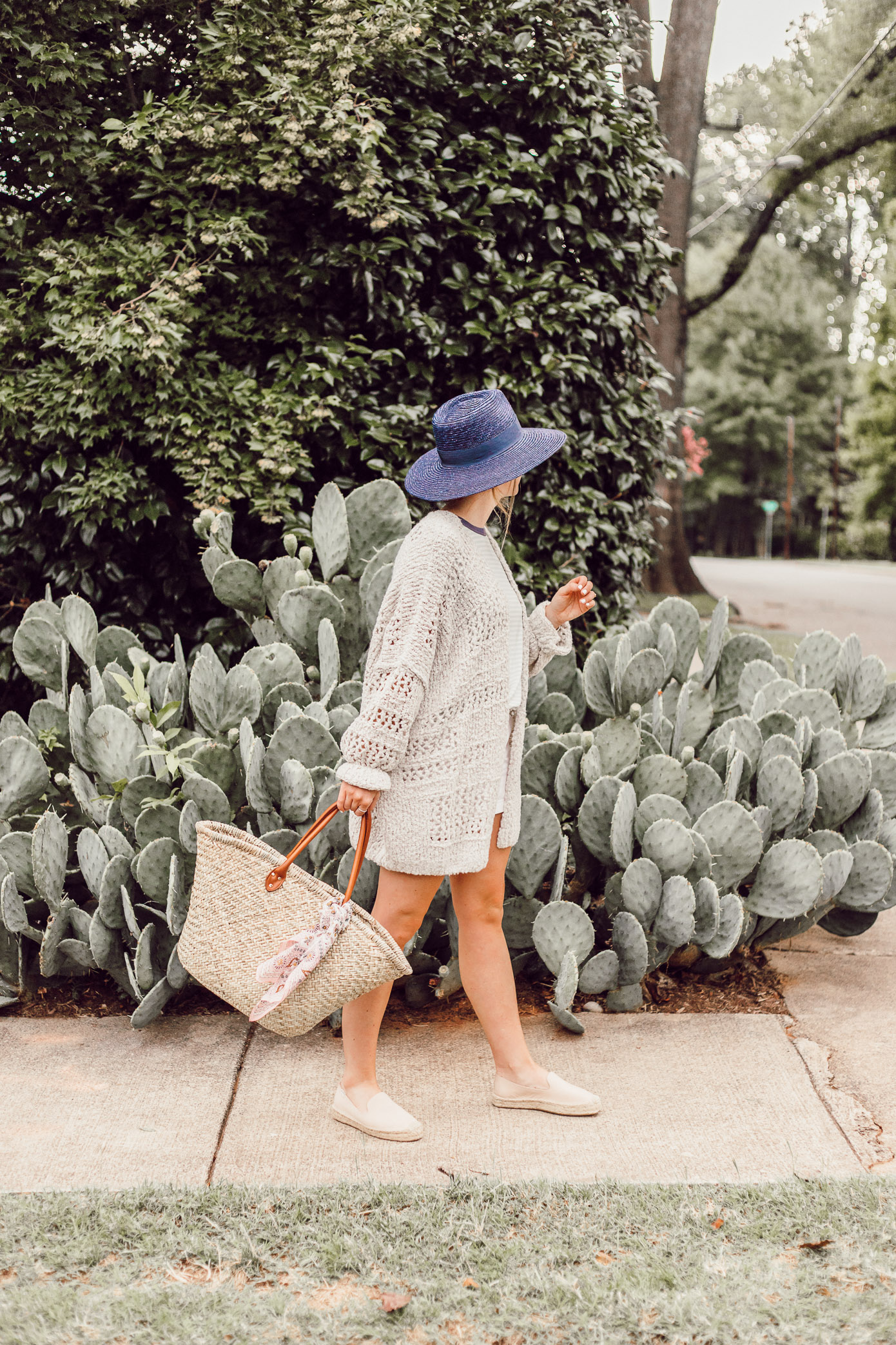 Navy Straw Hat, Free People Saturday Morning Cardigan | Casual Late Summer Outfit Idea featured on Louella Reese Life & Style Blog