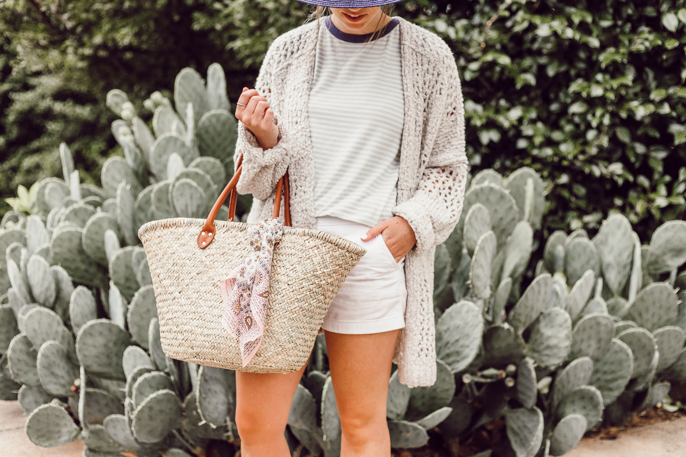 Navy Straw Hat, Free People Saturday Morning Cardigan, Preppy Striped Tee | Casual Late Summer Outfit Idea featured on Louella Reese