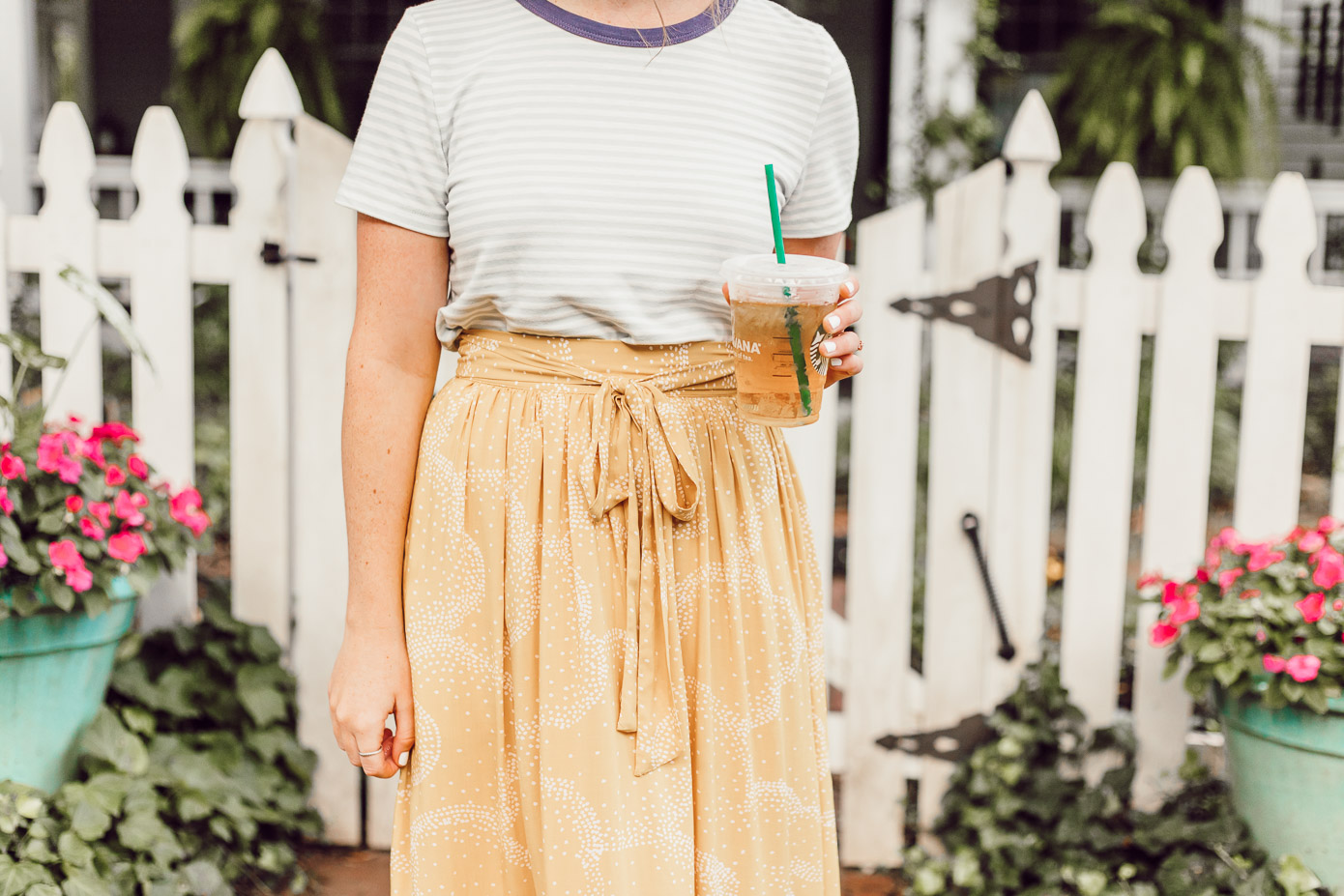 Preppy Striped Tee, Yellow Midi Skirt for Late Summer, Early Fall | Late Summer Bucket List featured on Louella Reese