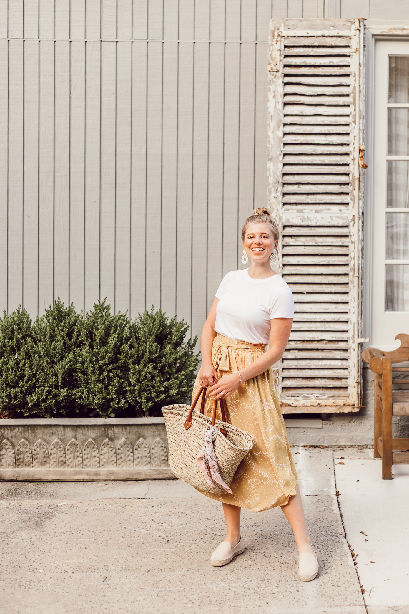 Step Out of Your Color Comfort Zone | Basic White Tee and Yellow Midi Skirt styled on Louella Reese