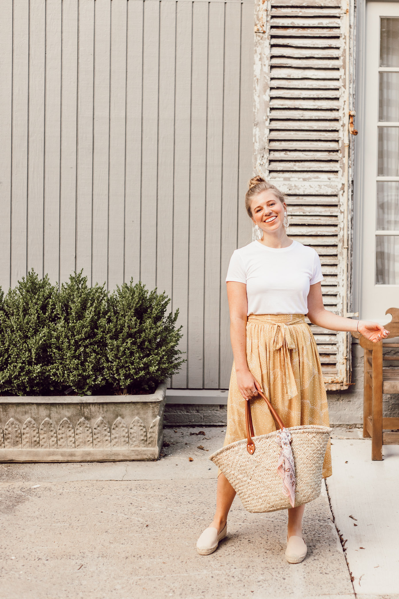 Step Out of Your Color Comfort Zone | Basic White Tee and Yellow Midi Skirt featured on Louella Reese Blog