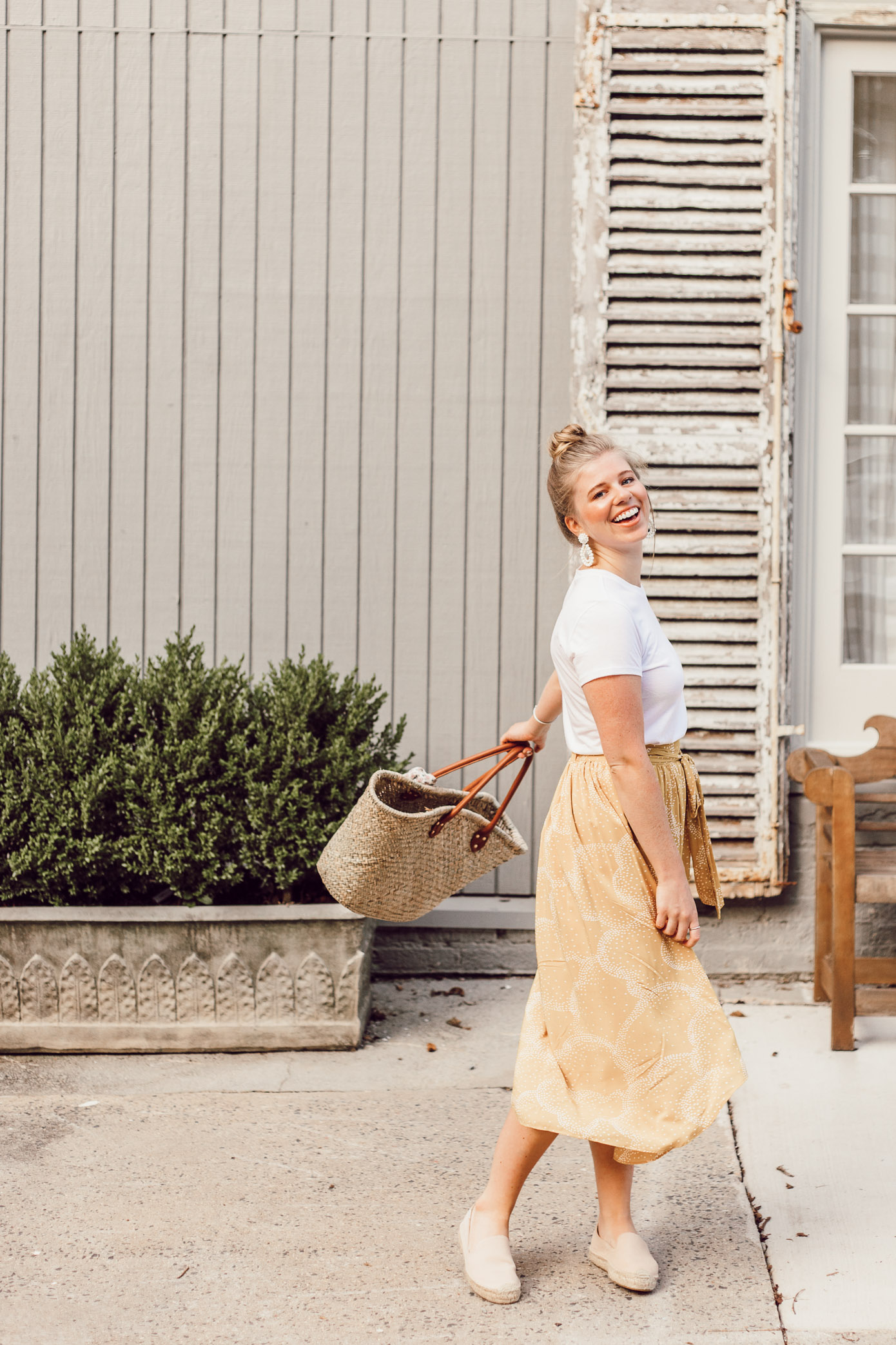 Step Out of Your Color Comfort Zone | Basic White Tee and Yellow Midi Skirt styled on Louella Reese Life & Style Blog