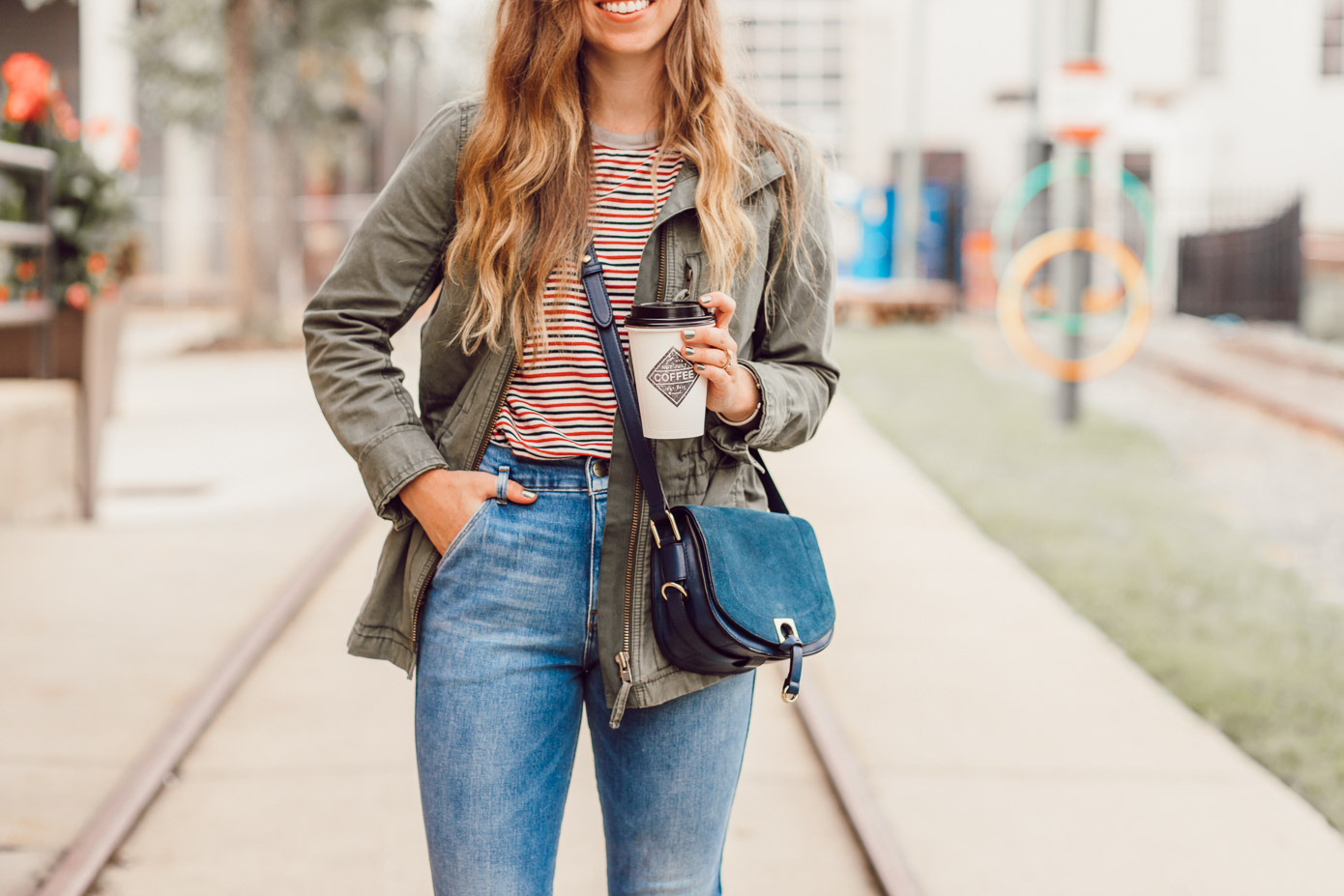 Best Coffee Shops in Charlotte NC featured on Louella Reese | Blue and Red Striped Tee, Madewell Fleet Jacket