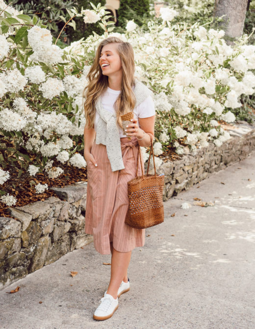 Preppy Fall Outfit Idea | Pink Striped Wrap Midi Skirt styled on Louella Reese for an Easy Casual Fall Look