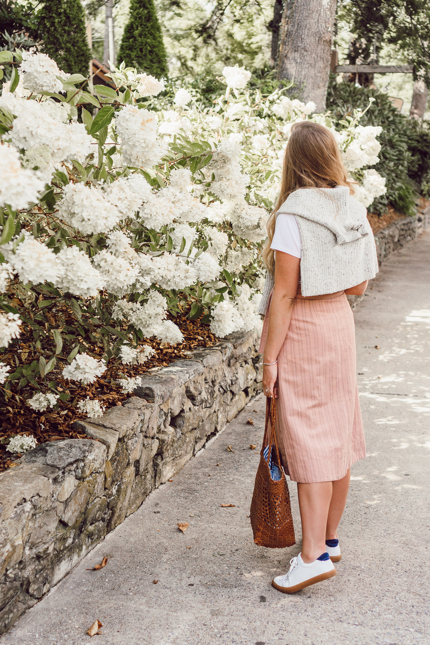 Casual Feminine Fall Style, Pink Striped Wrap Midi Skirt styled on Louella Reese