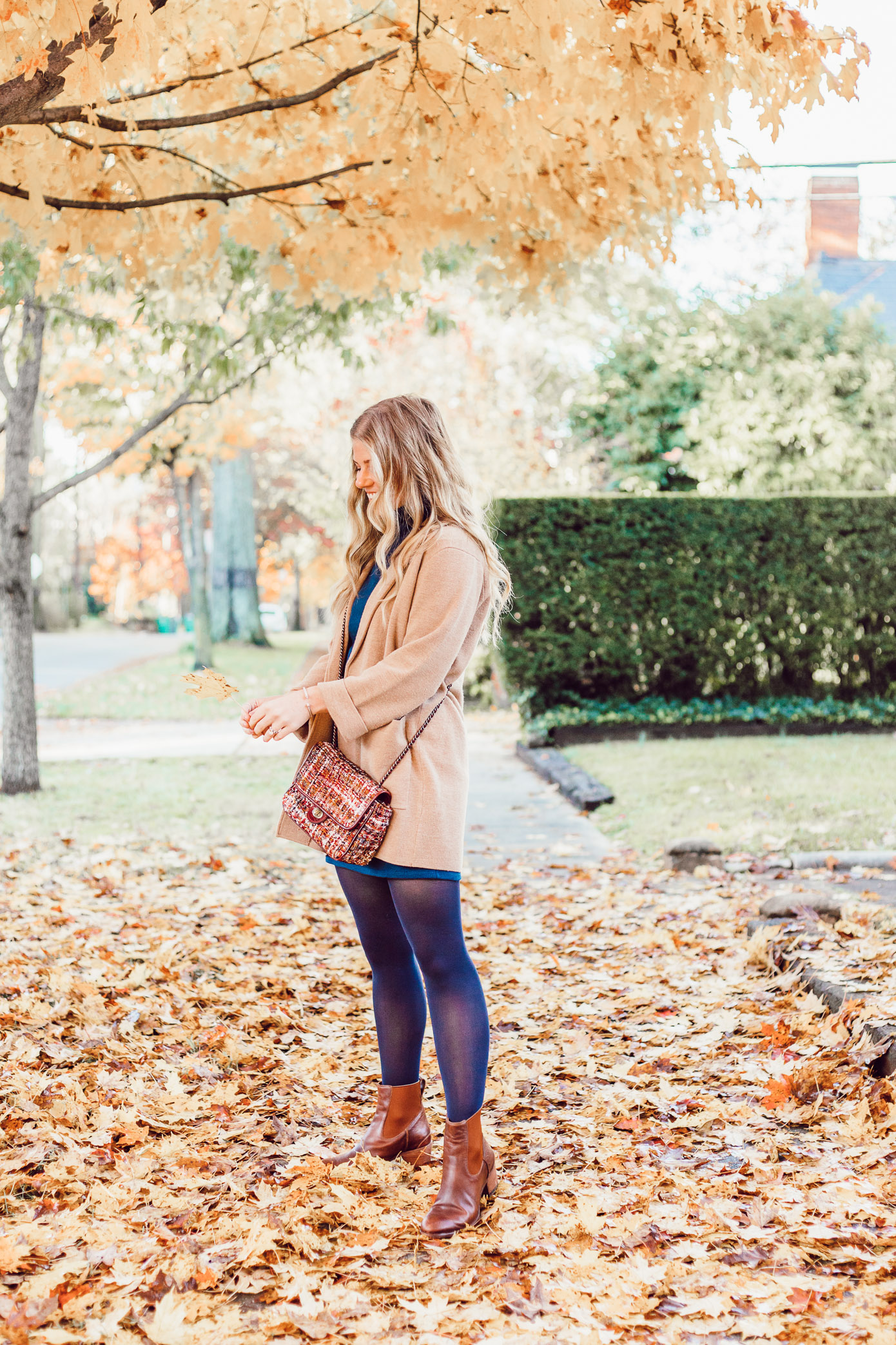 Navy Tights, Cognac Leather Ankle Boots | Transitional Fall to Winter Outfit Idea | How to Layer a Sweater Dress featured on Louella Reese Blog