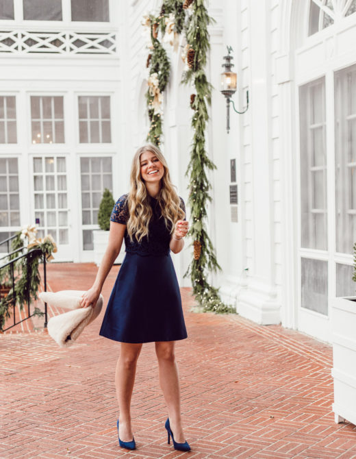 Finding the Perfect Holiday Party Dress with Rent the Runway on Louella Reese | Navy Lace Mini Dress, Christmas Party Dress