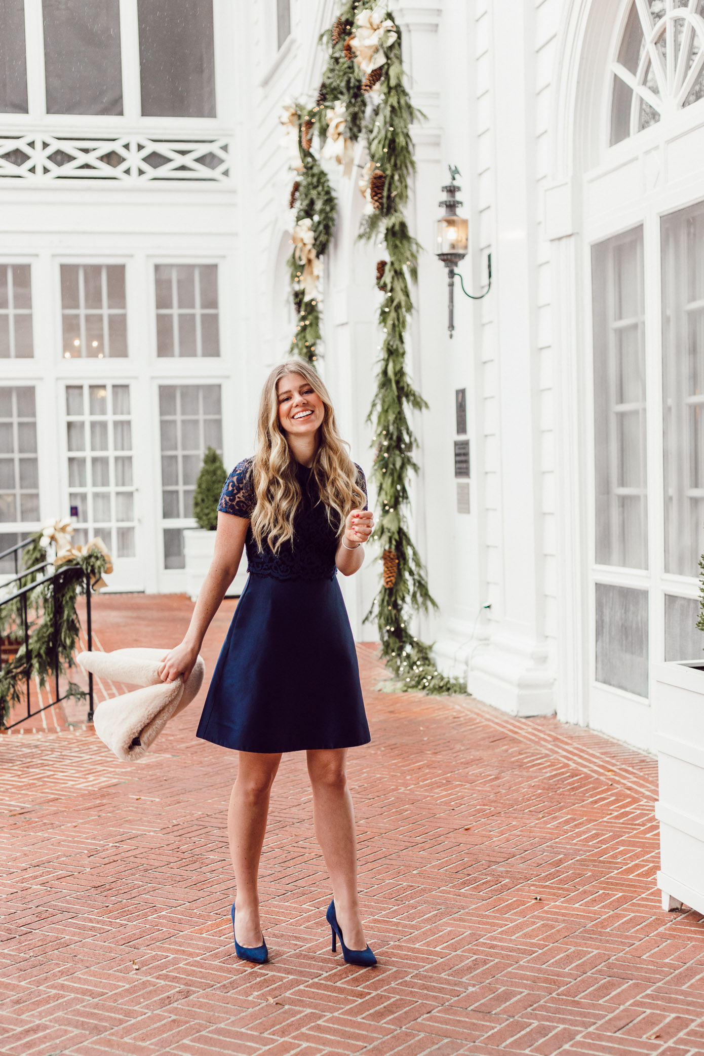 Finding the Perfect Holiday Party Dress with Rent the Runway on Louella Reese | Navy Lace Mini Dress, Christmas Party Dress