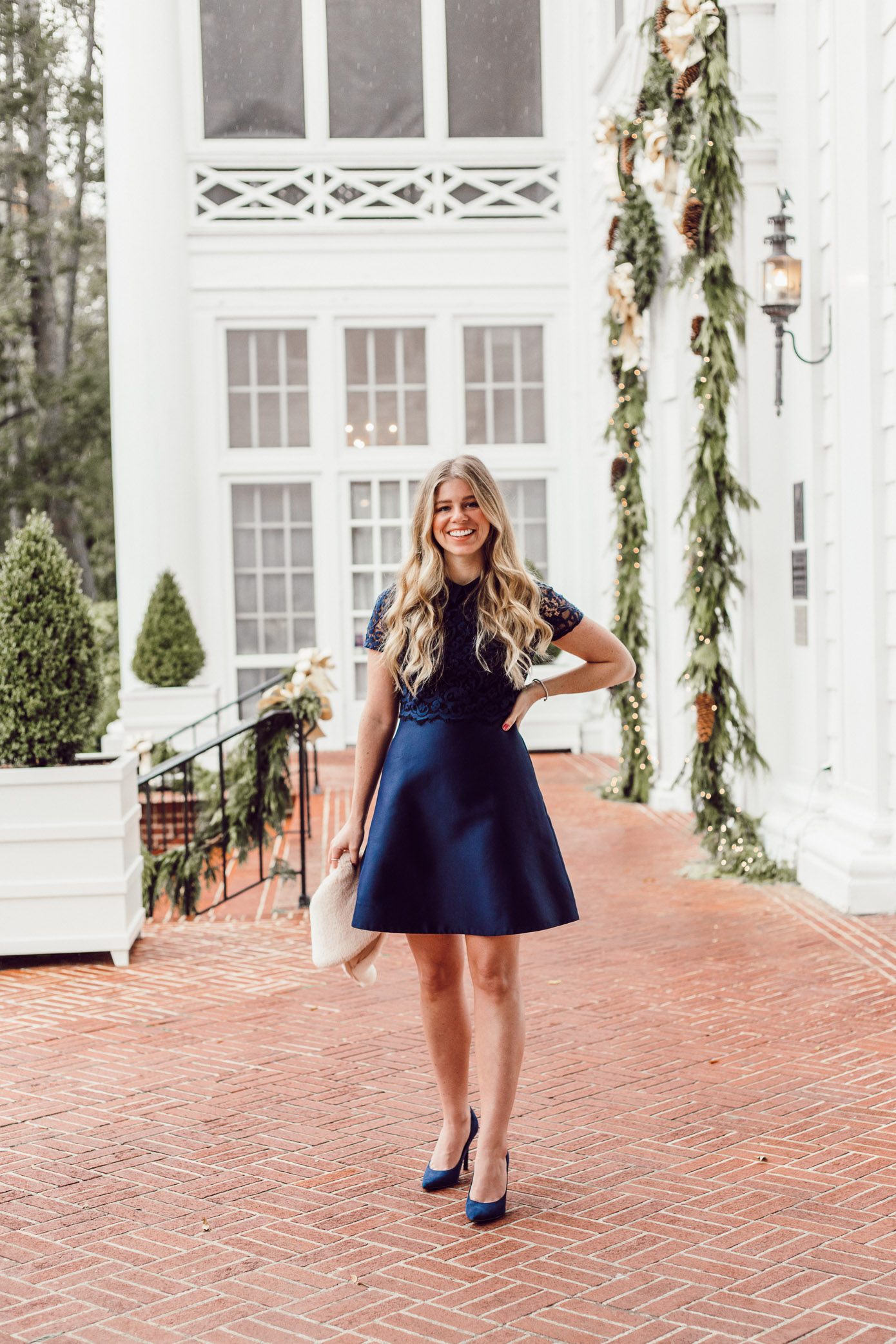 Finding the Perfect Holiday Party Dress with Rent the Runway on Louella Reese Blog | Navy Lace Mini Dress, Christmas Party Dress