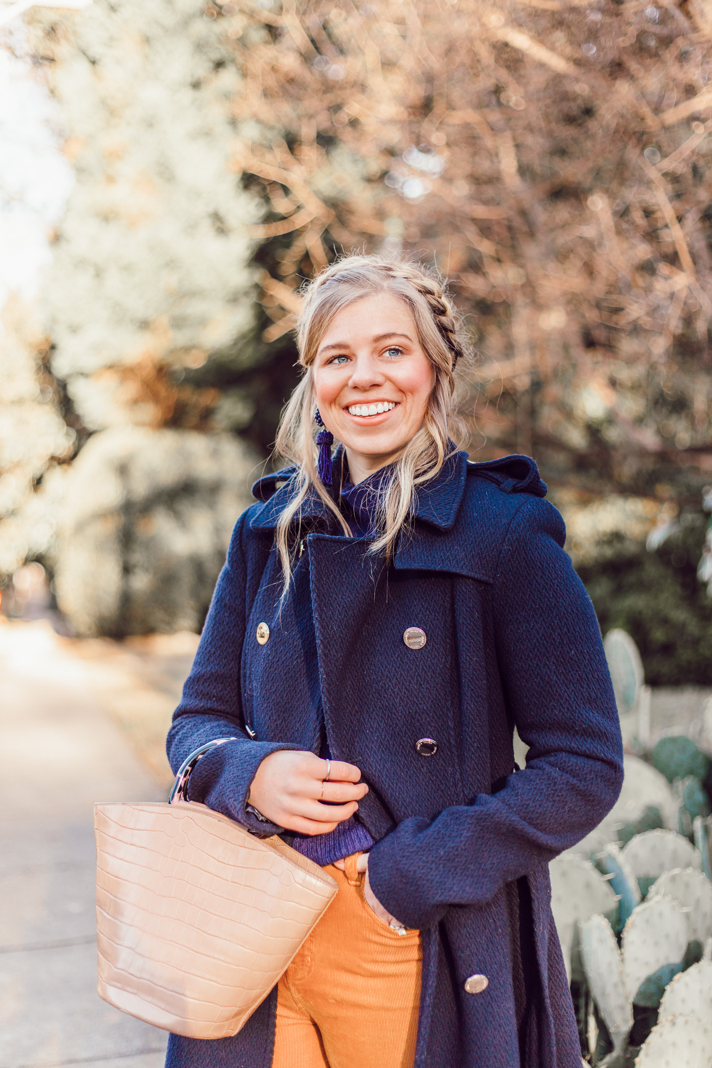 Navy Military Coat, Crown Braid | How to Style Wide-Leg Crop Pants featured on Louella Reese
