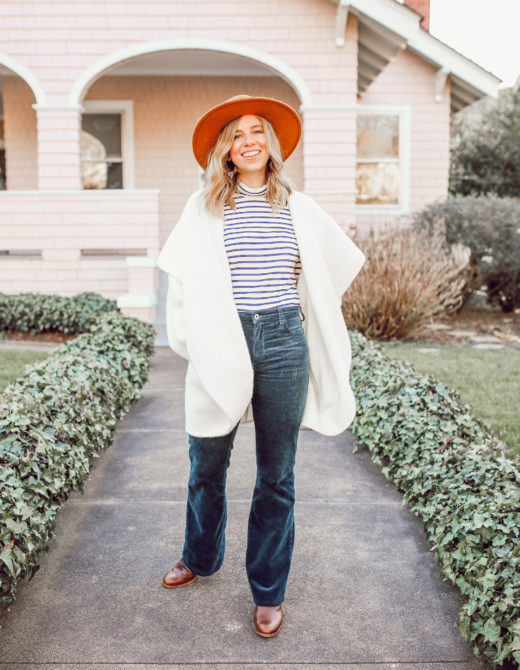 Casual Winter Uniform featured by top US fashion blogger Laura Leigh of Louella Reese; Image of woman wearing Anthropologie Hygge Cardigan, J.Crew Perfect Fit Turtleneck in Stripe, Anthropologie Corduroy Pants, Free People Wool Hat