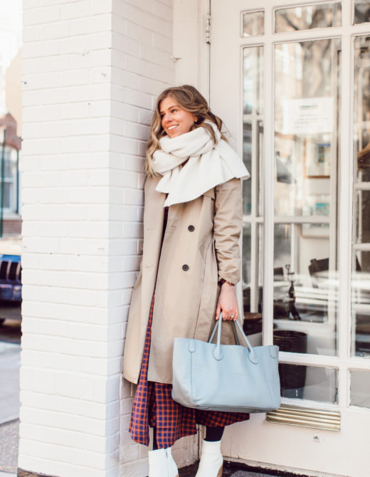 The Perfect Trench Coat styled by top US fashion blogger Laura Leigh of Louella Reese; Image of woman wearing Everyone Drape Trench Coat, & Other Stories Plaid Midi Dress, Marc Fisher LTD Belle Booties, Zac Beck Bags Medium Classic Tote | How to Style a Trench Coat for Winter
