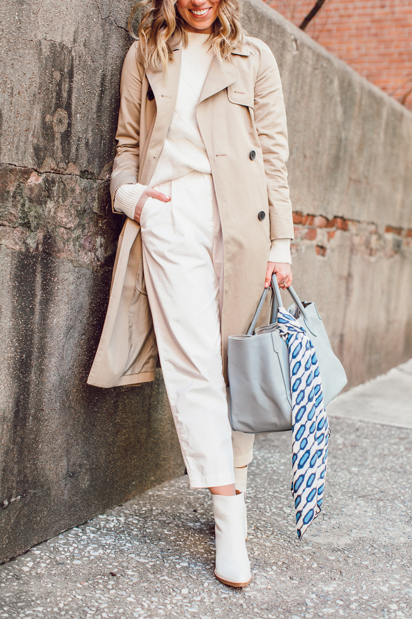 Winter White Workwear Outfit Idea, Workwear Style | Trench Coat, White Sweater, White Slouchy Chinos, White Booties featured on Louella Reese Life & Style Blog