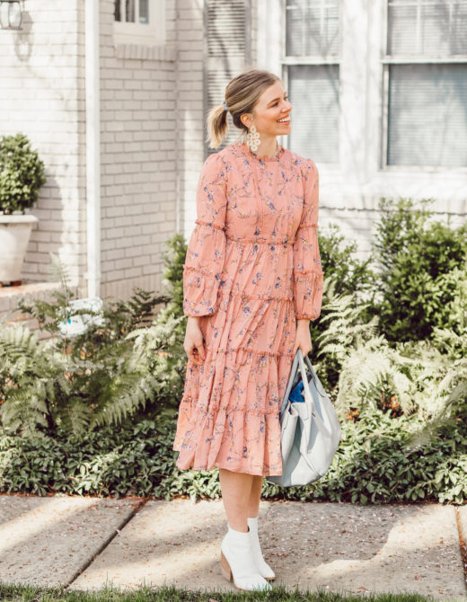 Louella Reese March 2019 Recap | Pink Floral Midi Dress, Beck Bags Medium Classic Tote, Marc Fisher White Booties