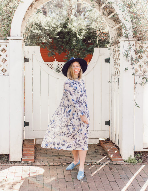 Spring Bridal Shower Dresses for the Bride and Guests | Blue Floral Midi Dress, Blue Suede Loafers, Navy Straw Hat styled on Louella Reese