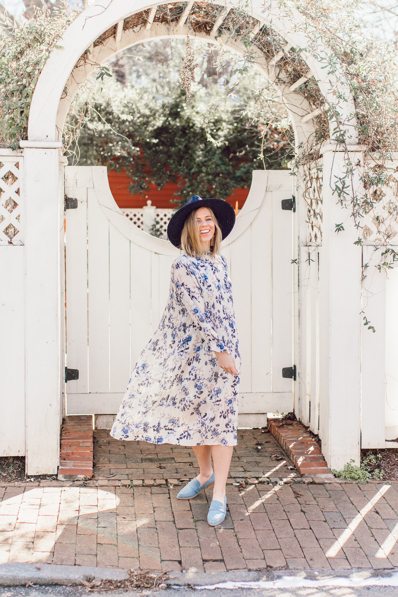 Spring Bridal Shower Dresses for the Bride and Guests | Blue Floral Midi Dress, Blue Suede Loafers, Navy Straw Hat styled on Louella Reese
