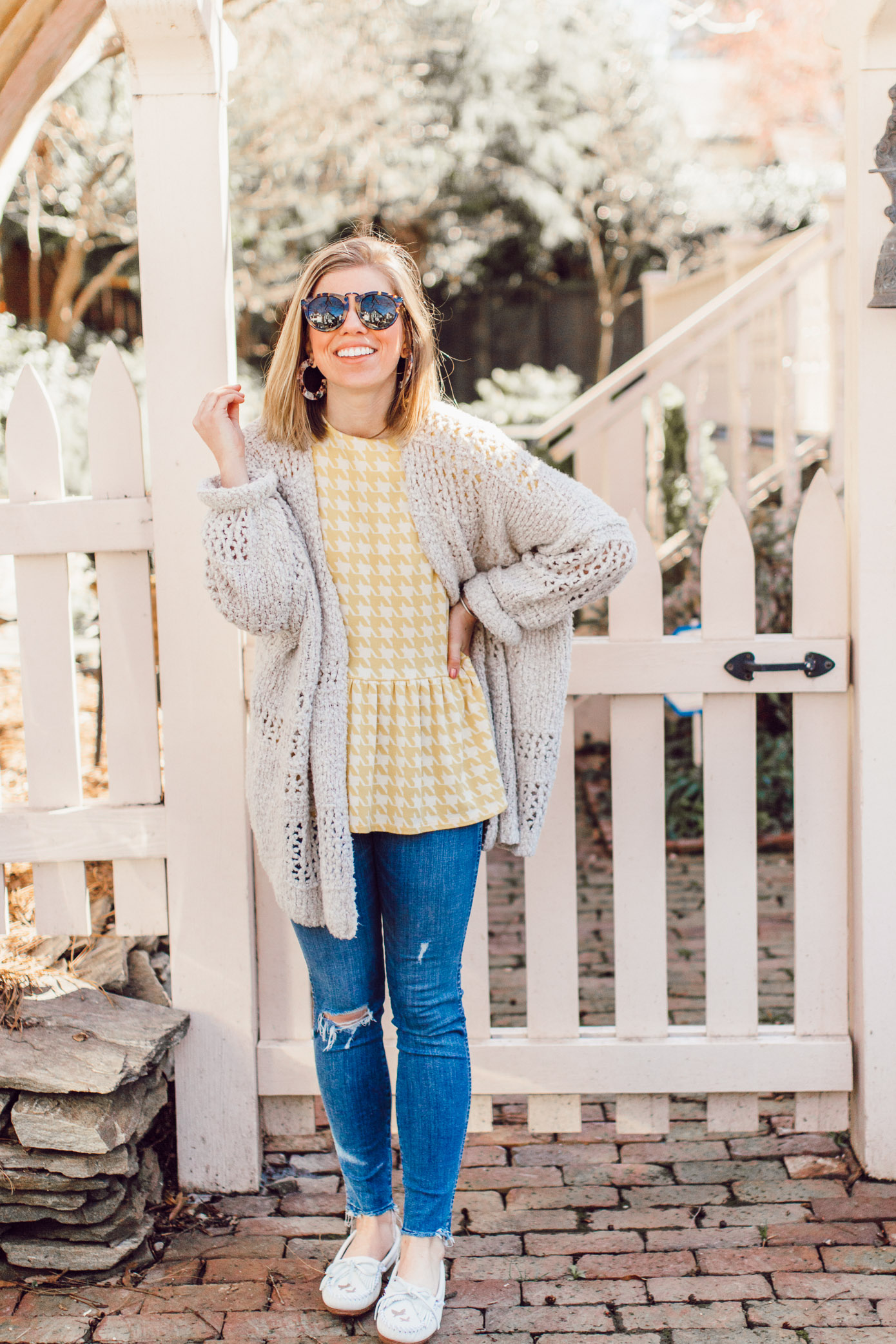 Spring 2019 Trend: Yellow | Yellow Jacquard Top, Crochet Sweater, High-rise Skinny Jeans, White Moccasins styled on Louella Reese