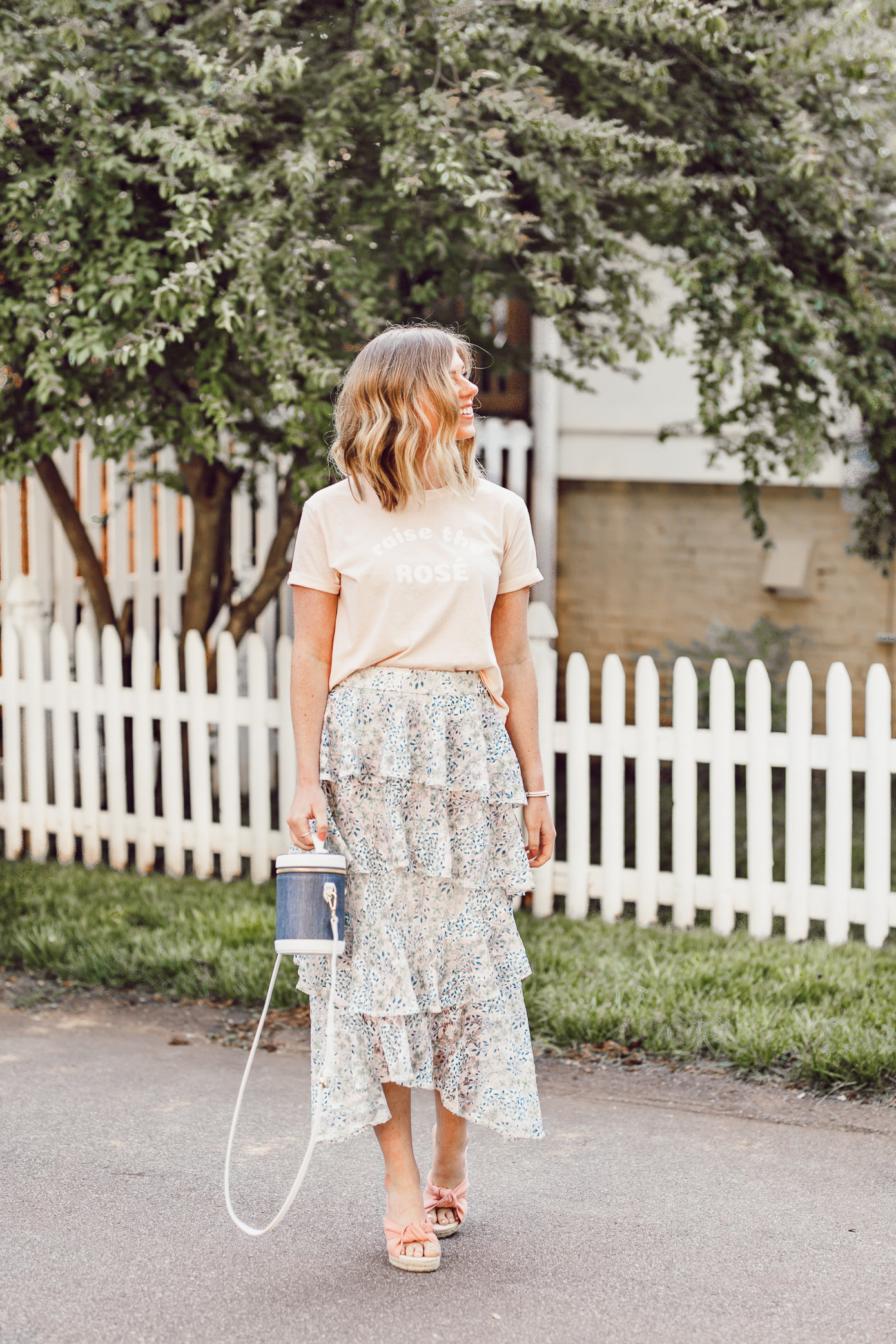How to Dress Up a Crop Tee | Floral Midi Skirt, Rosé graphic tee | ft. Brunette the Label, Chicwish, Paravel | Louella Reese #summerstyle #midiskirt #femininestyle #chicwish #soludos