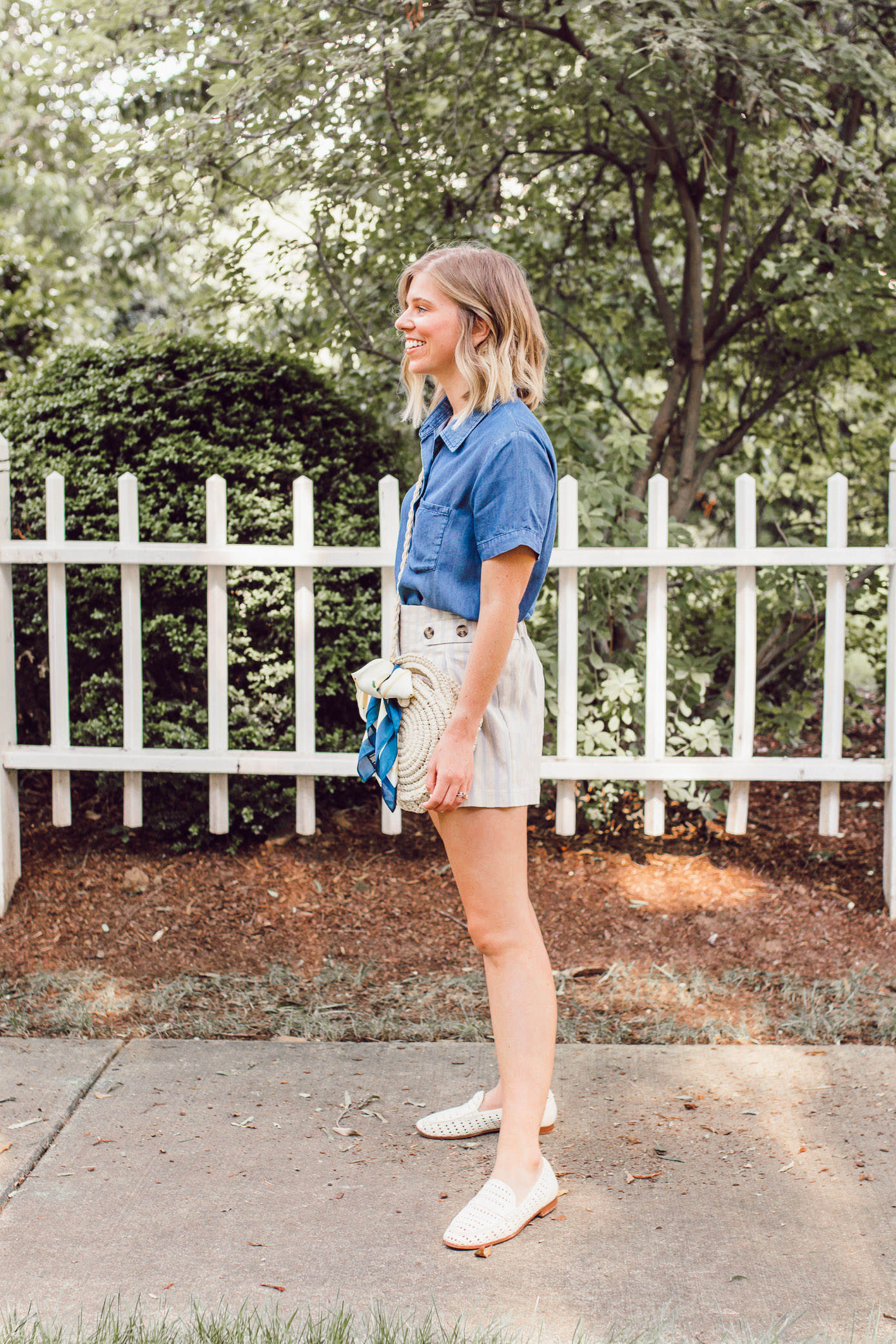 Affordable Casual Summer Style | Chambray Shirt, Stripe Linen Shorts, Straw Crossbody Bag under $25 | Louella Reese
