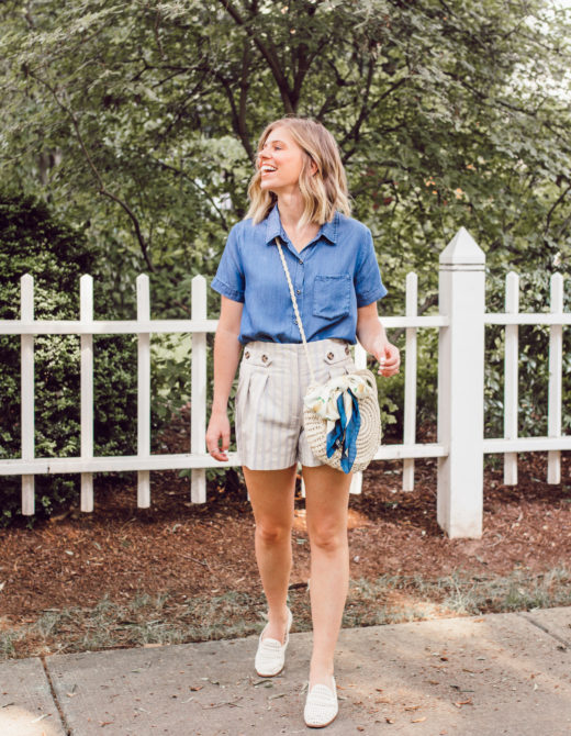 Casual Summer Style with Versona | Chambray Shirt, Stripe Linen Shorts, Straw Crossbody Bag under $25 | Louella Reese