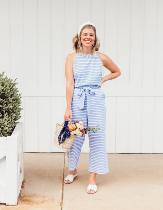 Louella Reese June 2019 Recap | Blue Striped Jumpsuit under $25, White Eyelet Headband, Mini Straw Tote, Tote of Flowers, White Slide Sandals | Louella Reese