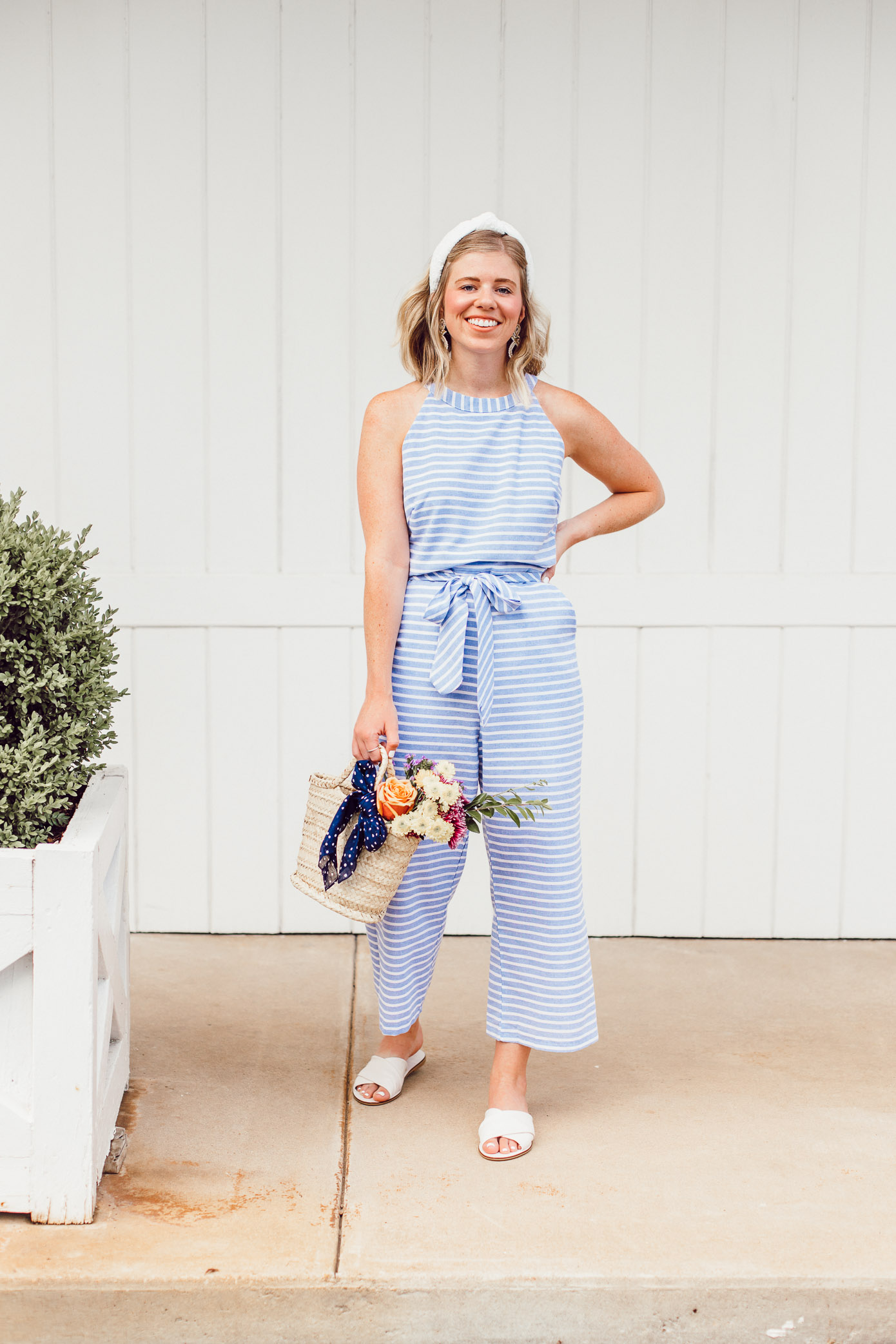 Louella Reese June 2019 Recap | Blue Striped Jumpsuit under $25, White Eyelet Headband, Mini Straw Tote, Tote of Flowers, White Slide Sandals | Louella Reese