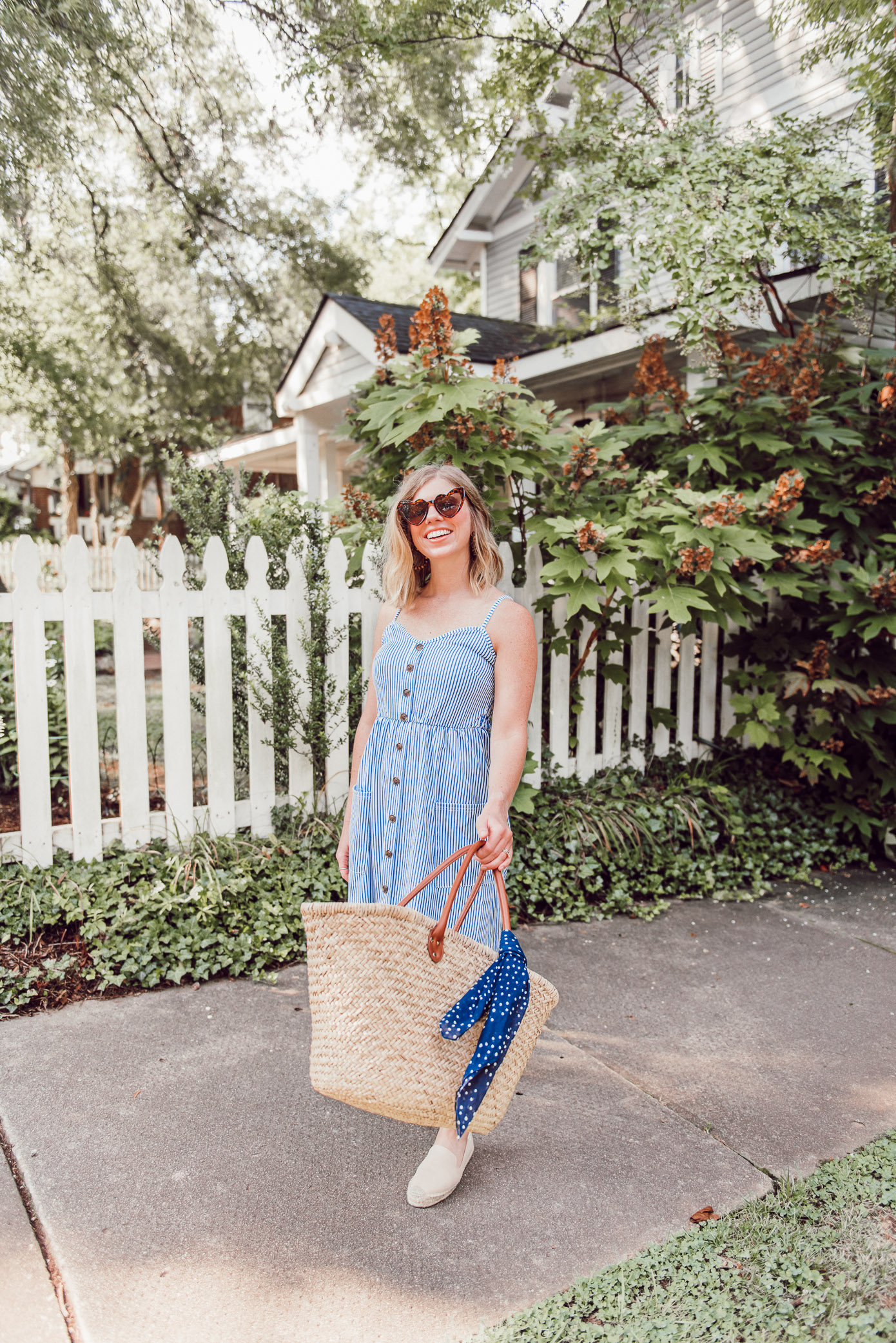 Blue and White Striped Midi Dress, Large Straw Tote, Navy Polka Dot Bandana, Espadrille Loafers | Casual Summer Style | Louella Reese