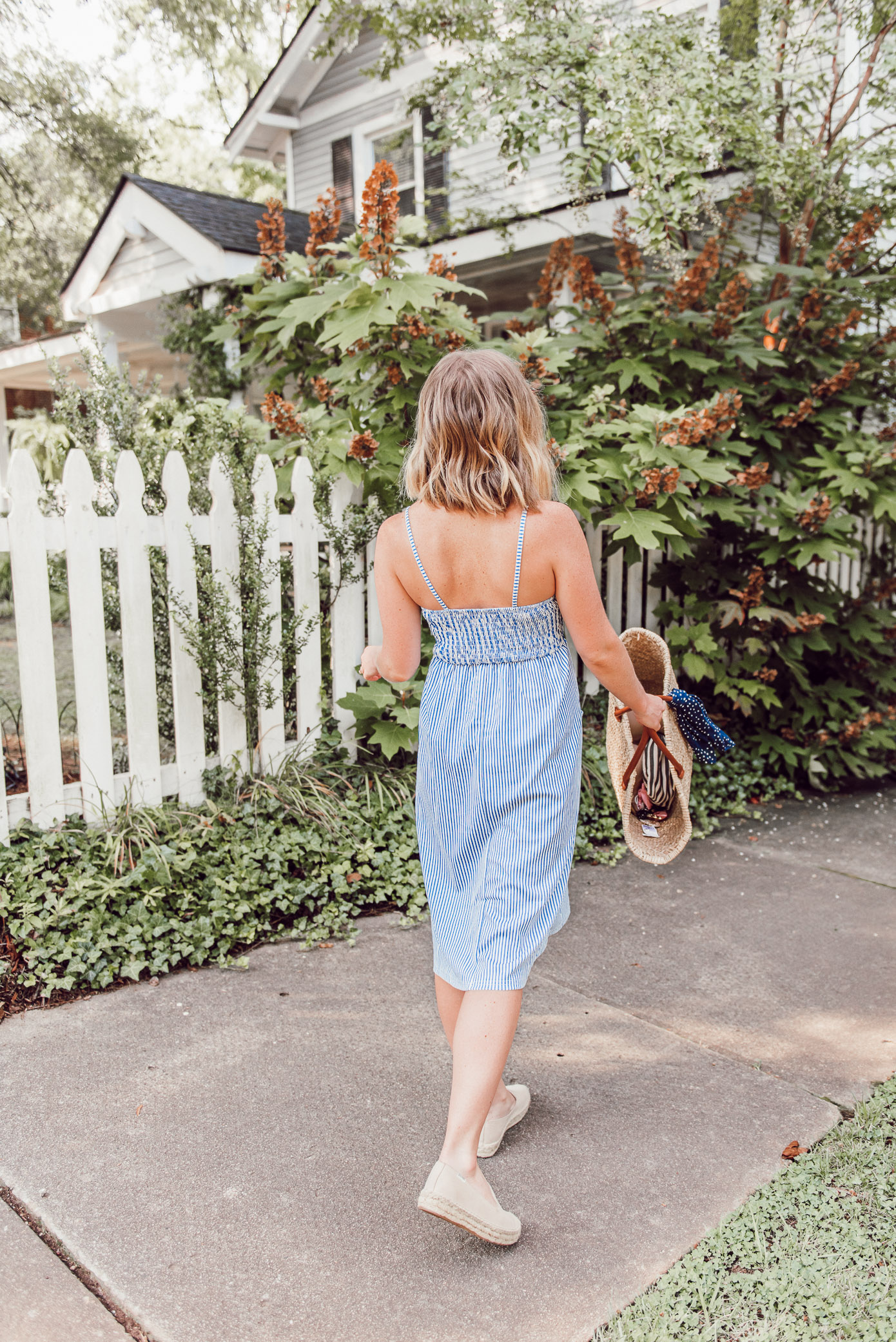 Blue and White Striped Midi Dress, Large Straw Tote, Navy Polka Dot Bandana, Espadrille Loafers | Casual Summer Style | Louella Reese