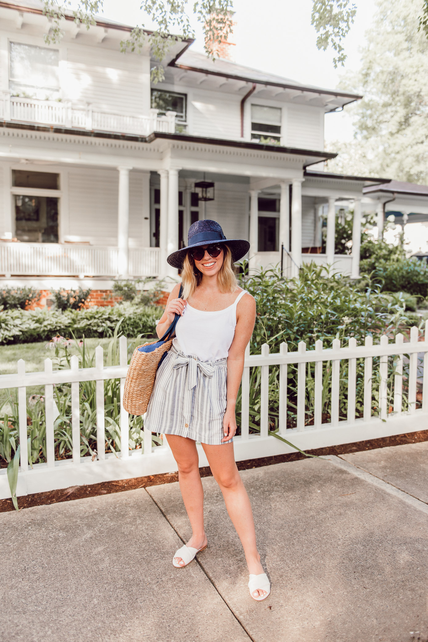 Casual Summer Outfit Idea | Cotton Cami, Linen Striped Skirt, Navy Straw Hat under $50 | Louella Reese