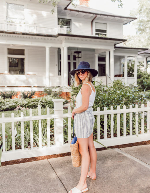 Casual Summer Outfit Idea | Cotton Cami, Linen Striped Skirt, Navy Straw Hat under $50 | Louella Reese