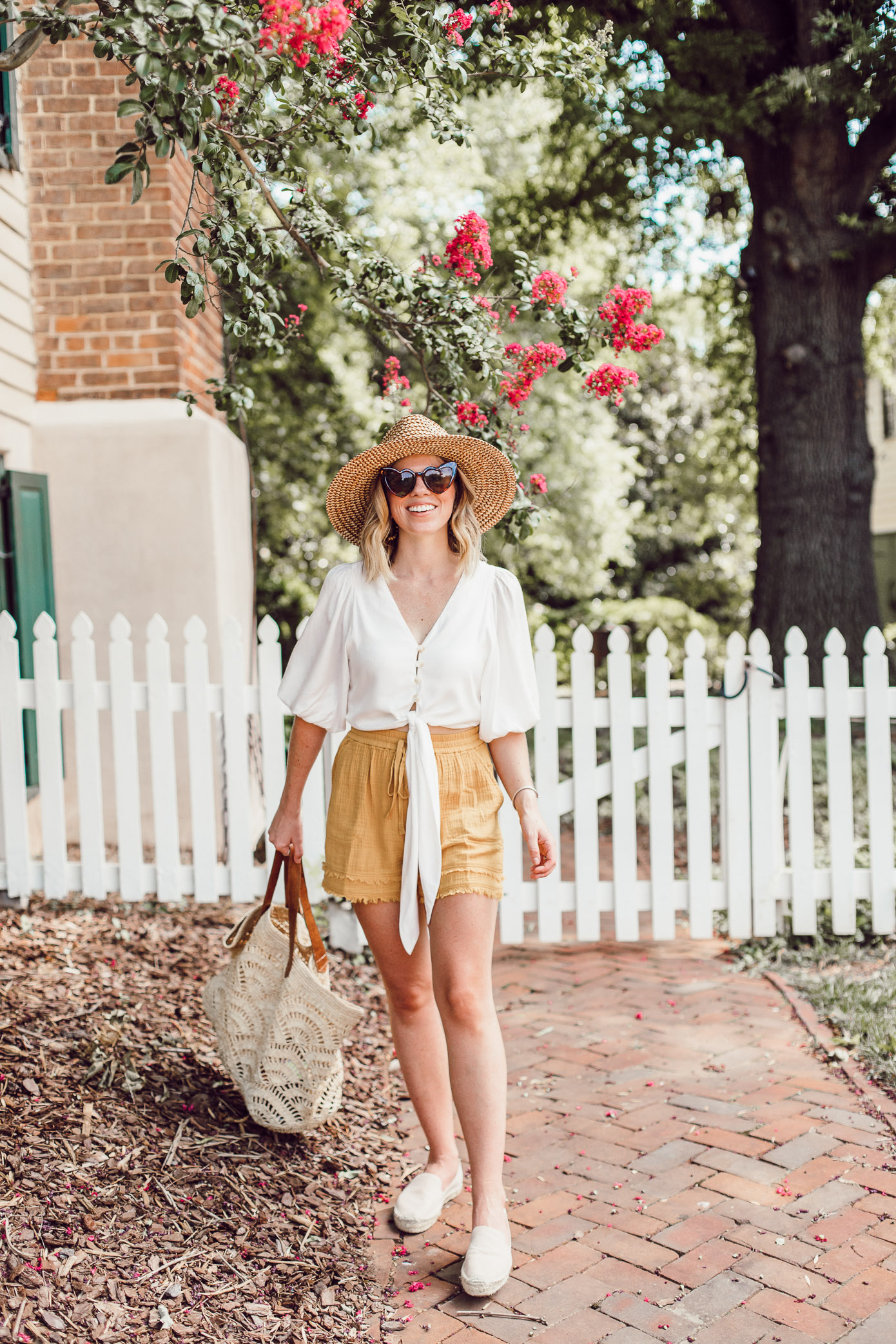 Winston-Salem Outfits - Everything I wore to explore Winston-Salem | White Tie Front Crop Top, Yellow High-Waisted Shorts | Louella Reese