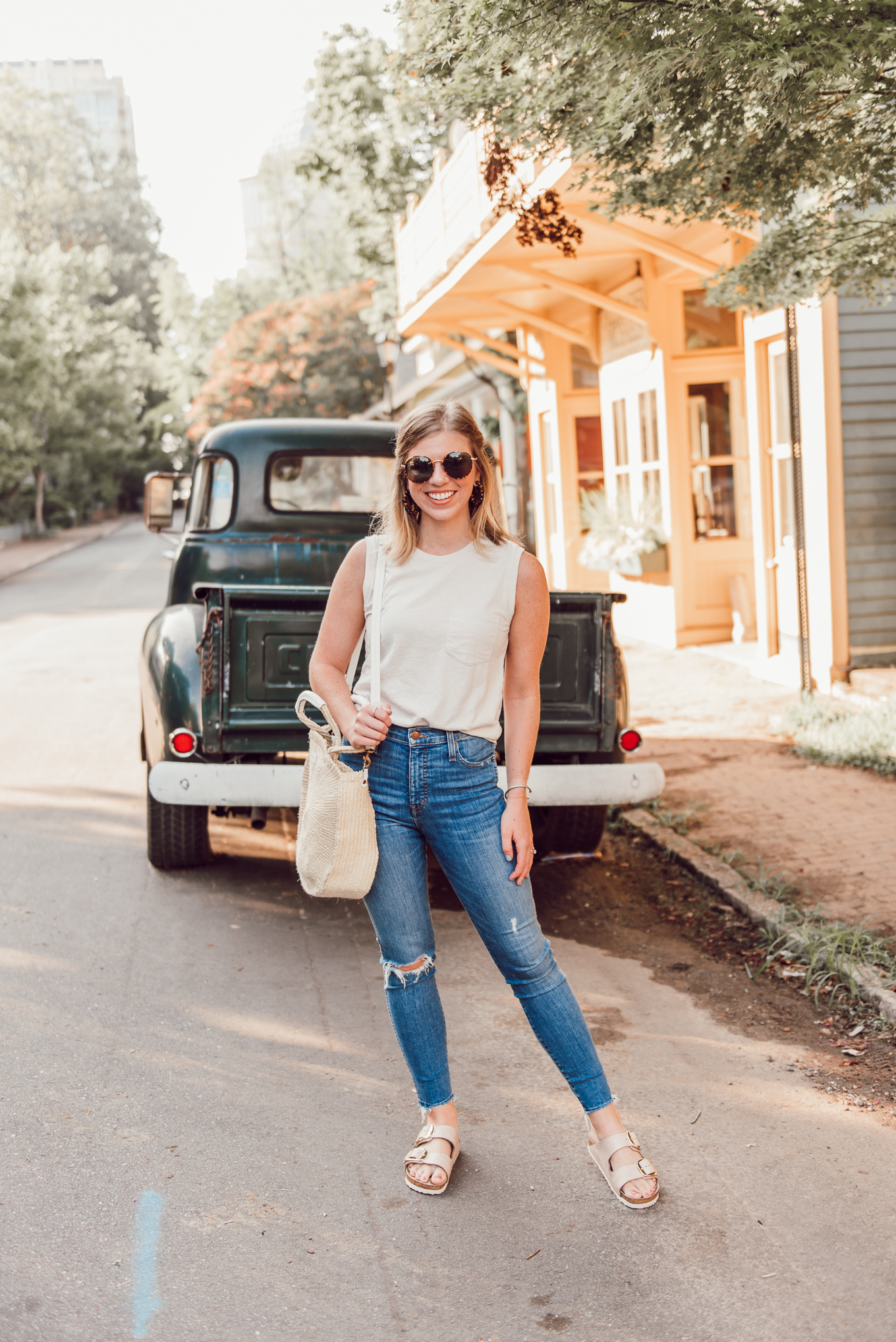 Casual End of Summer Outfit Idea | Neutral Tank, High-Rise Skinny Jeans, Rose Gold Birkenstocks | Louella Reese