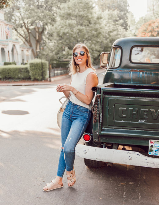 Affordable Summer to Fall Transition Essentials | Casual Outfit Idea | Neutral Tank, High-Rise Skinny Jeans, Rose Gold Birkenstocks | Louella Reese