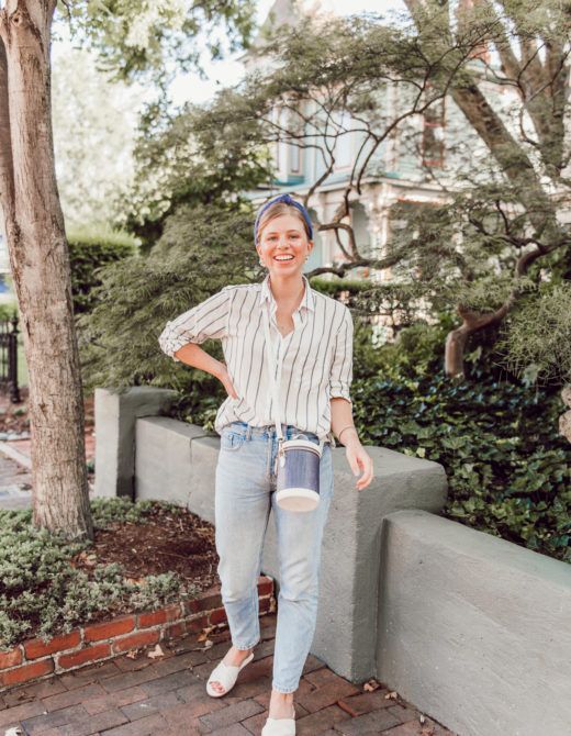 Blue and White Outfit Idea | Blue and White Striped Button Down Shirt, Relaxed Boyfriend Jeans under $100, Denim Headband | Louella Reese