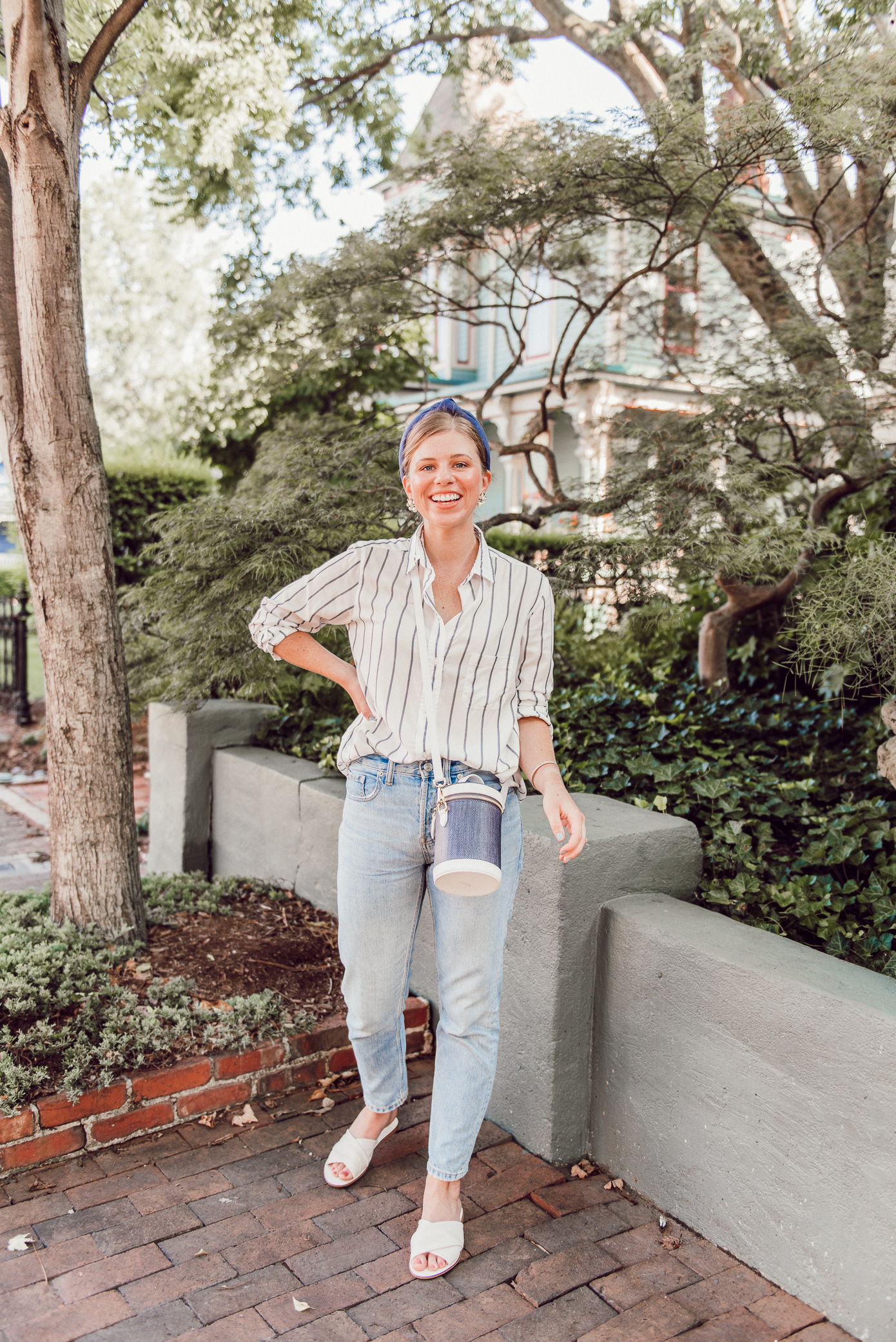 Blue and White Outfit Idea | Blue and White Striped Button Down Shirt, Relaxed Boyfriend Jeans under $100, Denim Headband | Louella Reese