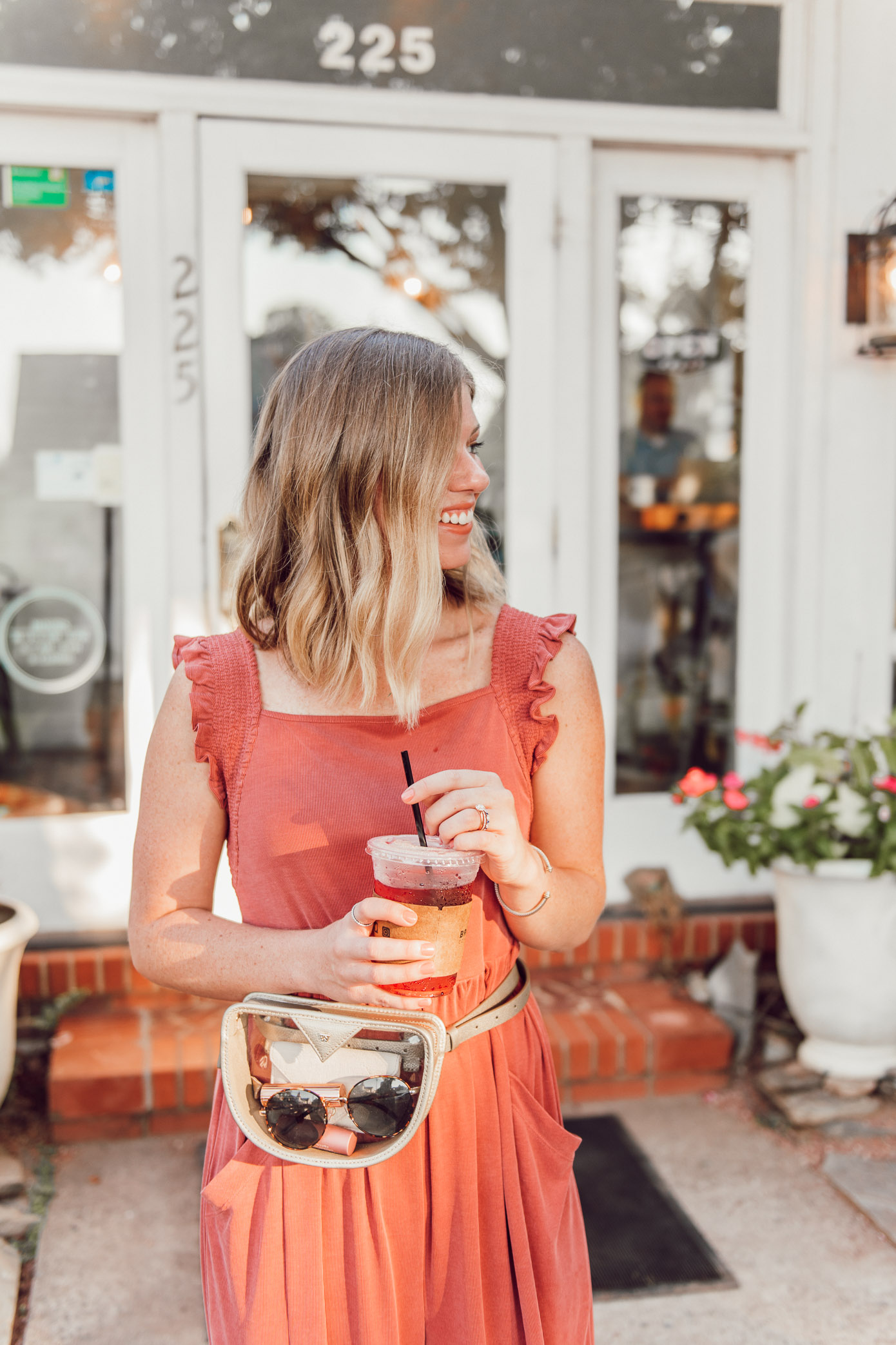 Kicking a Bad Habit and Starting the Day Off in a Good Mood | Terra-cotta Jumpsuit, Jumpsuit for Fall, Clear Belt Bag | Louella Reese