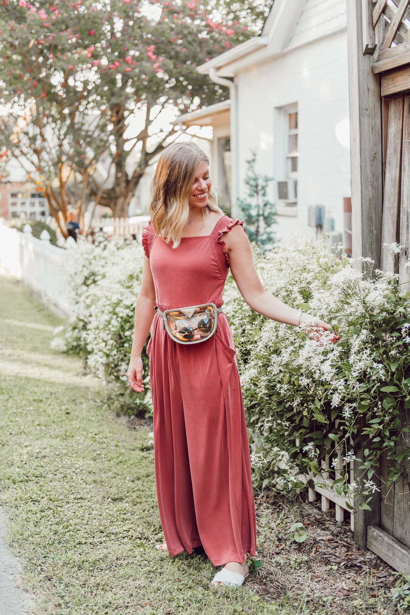 Kicking a Bad Habit and Starting the Day Off in a Good Mood | Terra-cotta Jumpsuit, Jumpsuit for Fall, Clear Belt Bag | Louella Reese