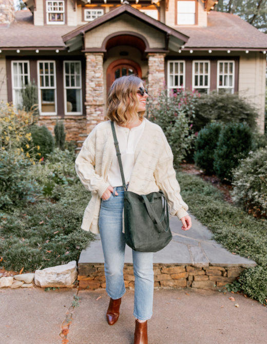 Six Cozy Fall Cardigans | Casual Fall Outfit featuring Ivory Knit Cardigan, Waffle Henley, Demi-Boot Crop Jeans, Cognac Leather Booties, Olive Leather Tote | Louella Reese