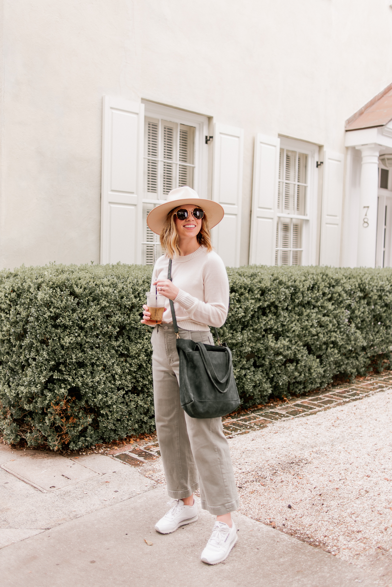 What to Wear in Charleston in the Fall | $100 Cashmere Sweater, Wide Leg Crop Pants, Ivory Wool Hat, White Leather Sneakers Louella Reese